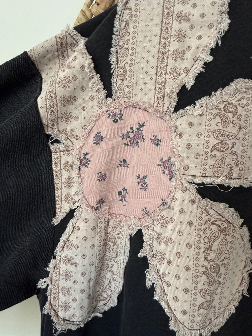 Umgee Mineral Washed Black Sweatshirt with Pink Floral Patchwork - Picture 8 of 16